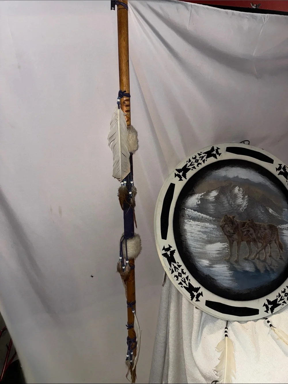 Hand-Painted Wolf Scene Wall Drum in Cream and Black